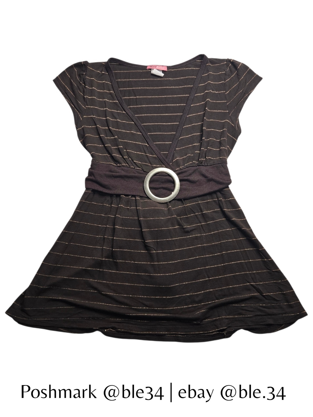 Vintage Y2K 00s MAX RAVE Brown Striped V-Neck Cap Sleeve A-Line Belt Buckle Sm